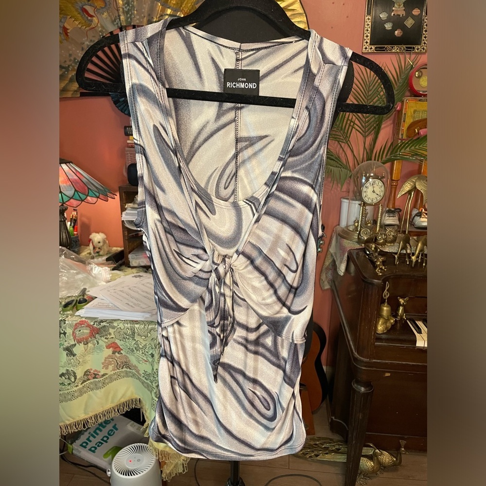 Vintage 90s Y2K John Richmond marbled swirl the dye front tie tank blouse Small